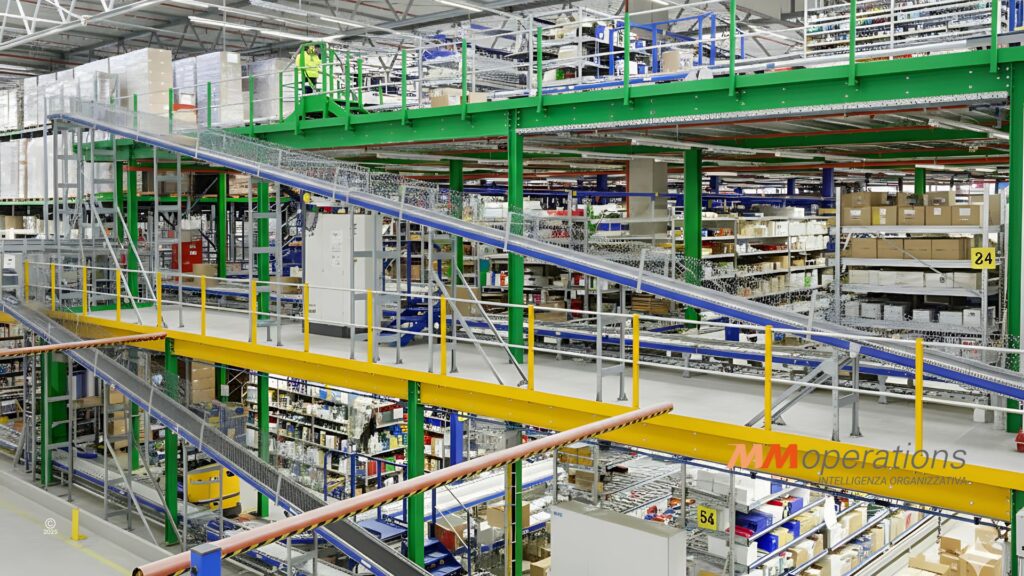 Magazzino multipiano per una massima efficienza logistica, ottimizzazione degli spazi verticali e integrazione tecnologica per una gestione avanzata dei flussi.