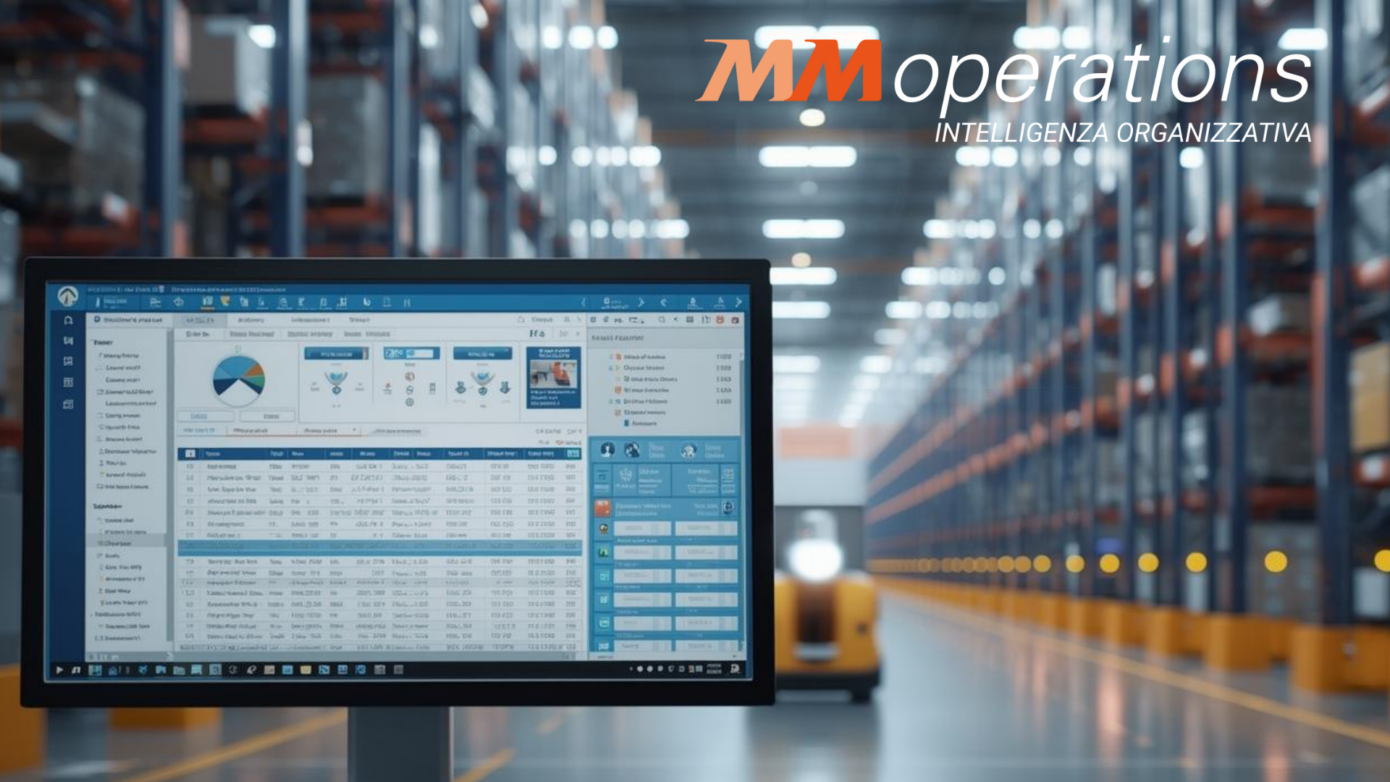 Integrazione WMS: intelligenza organizzativa MM operations su schermo monitor in magazzino automatizzato con scaffalature e sistema di gestione logistica