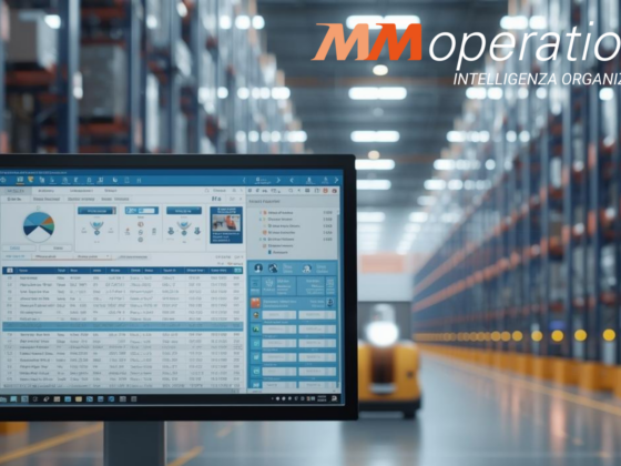 Integrazione WMS: intelligenza organizzativa MM operations su schermo monitor in magazzino automatizzato con scaffalature e sistema di gestione logistica