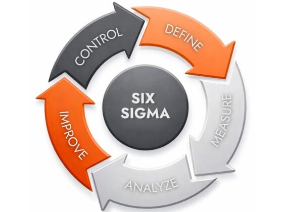 Diagramma circolare del metodo Lean Six Sigma Nella Gestione del Personale In Logistica con le cinque fasi del framework DMAIC: Define (Definire), Measure (Misurare), Analyze (Analizzare), Improve (Migliorare) e Control (Controllare) disposte attorno a un nucleo centrale.