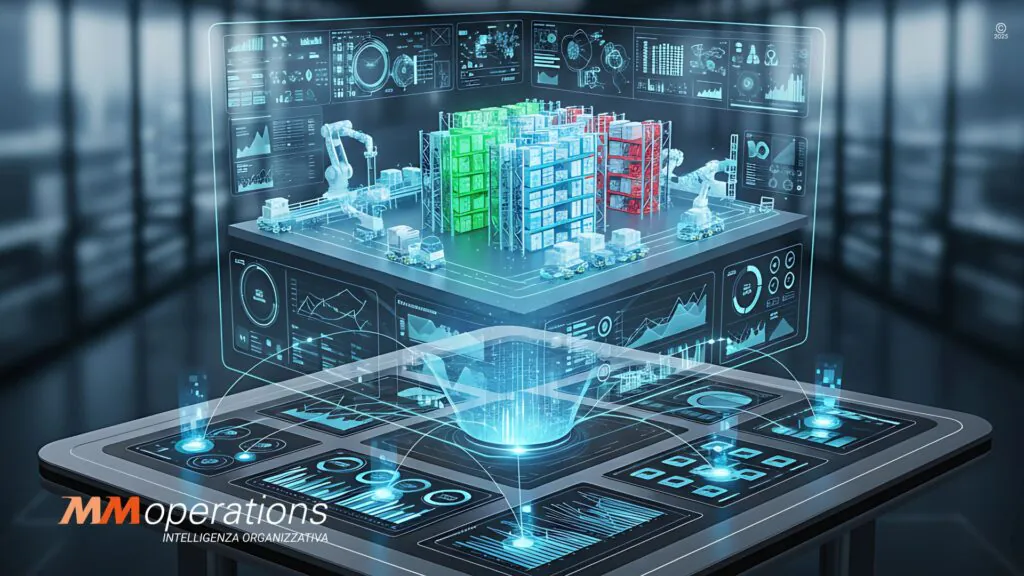 Il Digital Twin è una replica digitale del magazzino fisico che consente simulazioni predittive, test di layout e processi, per decisioni strategiche data based in logistica.