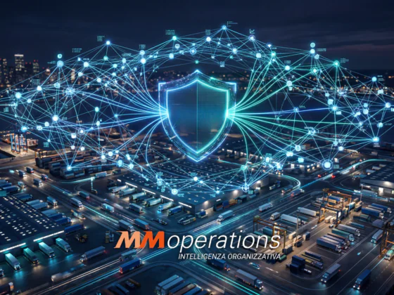 Rappresentazione concettuale di business continuity logistica e cybersecurity della supply chain, con uno scudo digitale e una rete neurale luminosa sopra un magazzino di MM Operations