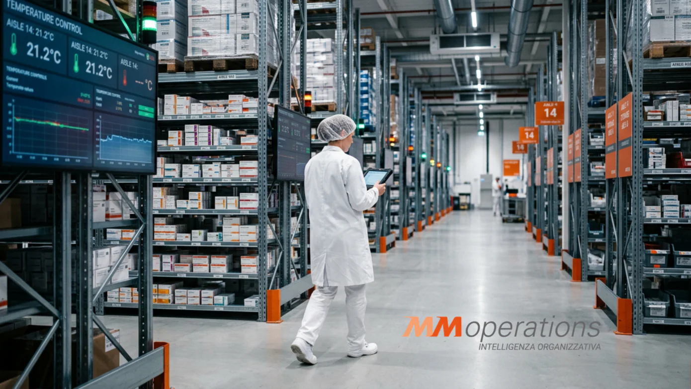 Operatrice logistica in camice bianco controlla l'inventario farmaceutico con tablet in un magazzino automatizzato a temperatura controllata.Titolo (Title)